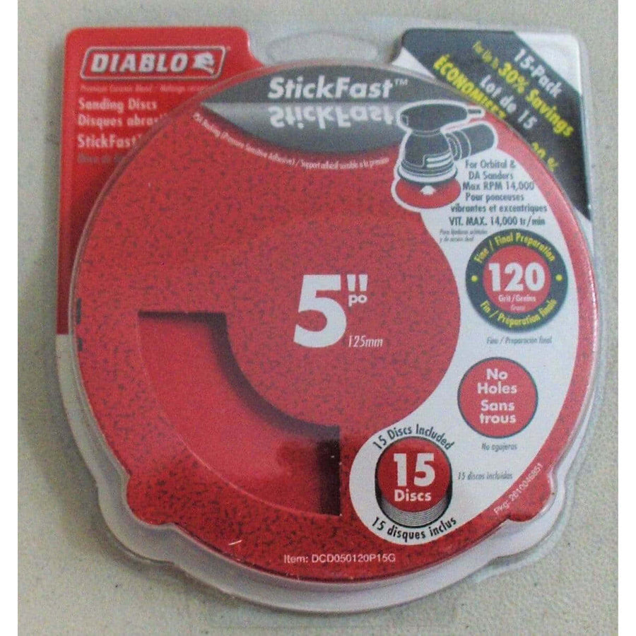 Diablo DCD050120P15G 120 grit sanding discs, 5-inch no holes (15-pack), designed for smooth sanding on wood and metal surfaces.