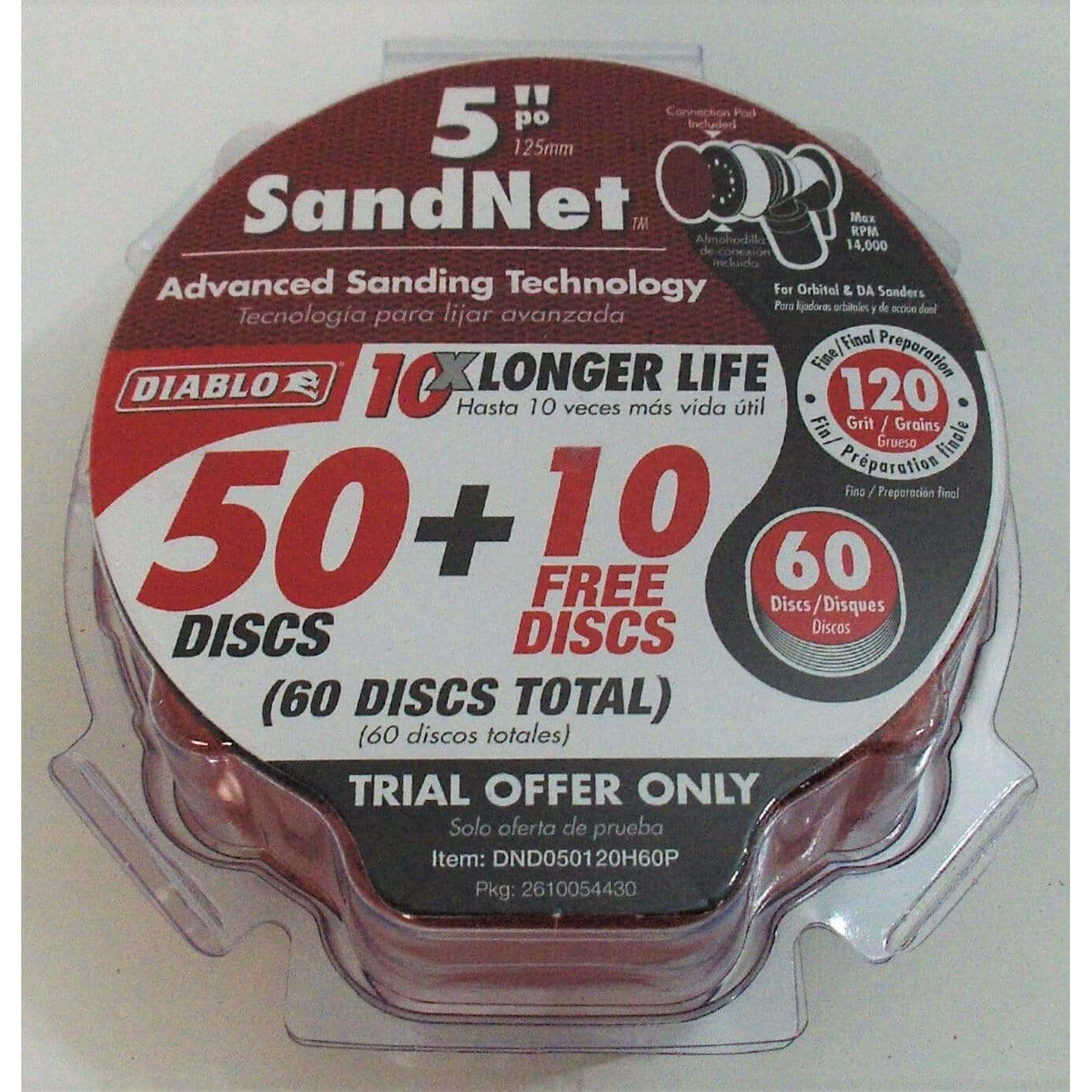 Diablo DND050120H60P 120 grit 5' sanding discs, 60-pack. Perfect for fine surface finishing, durable with hook and lock attachment.