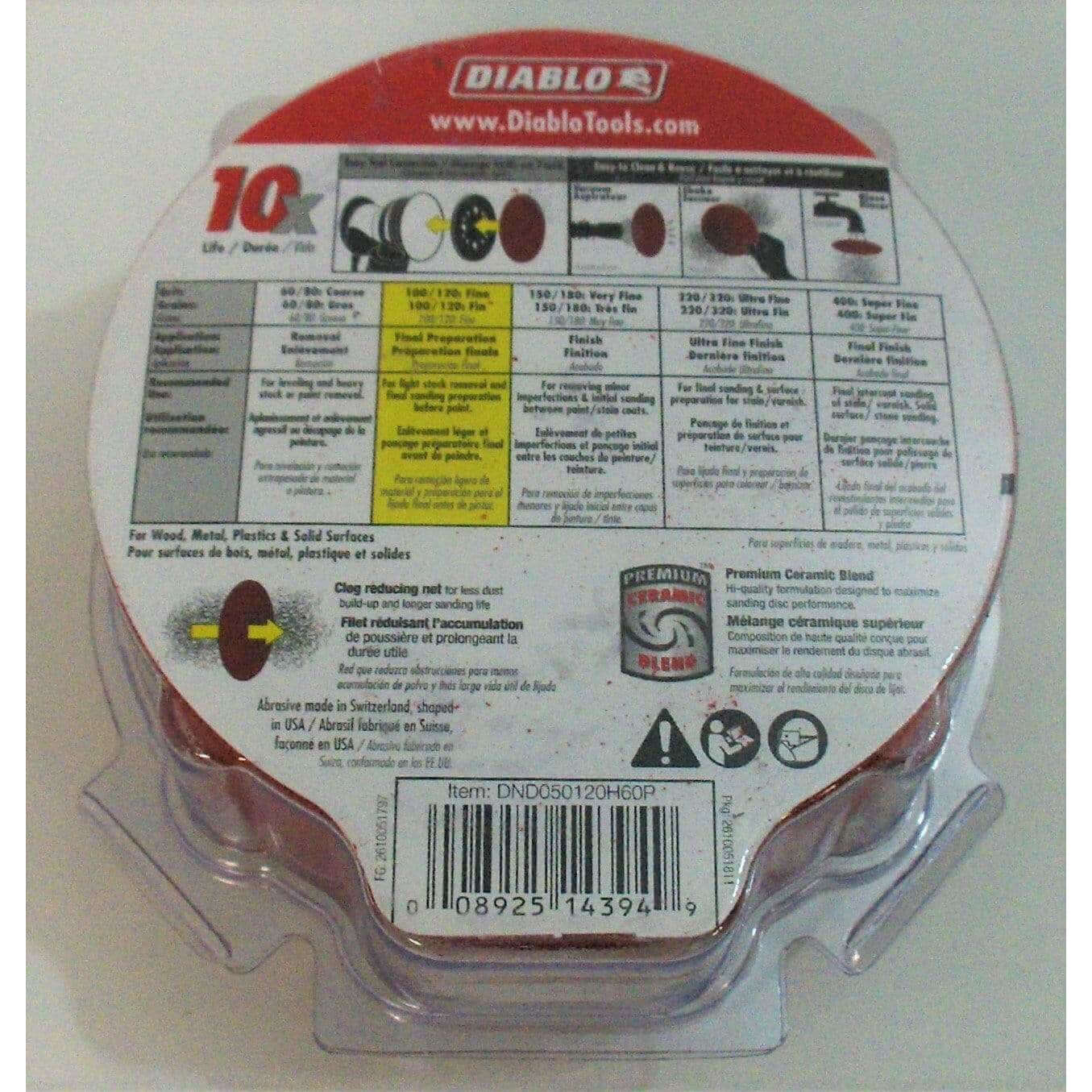 Diablo DND050120H60P 120 grit 5' sanding discs, 60-pack. Perfect for fine surface finishing, durable with hook and lock attachment.