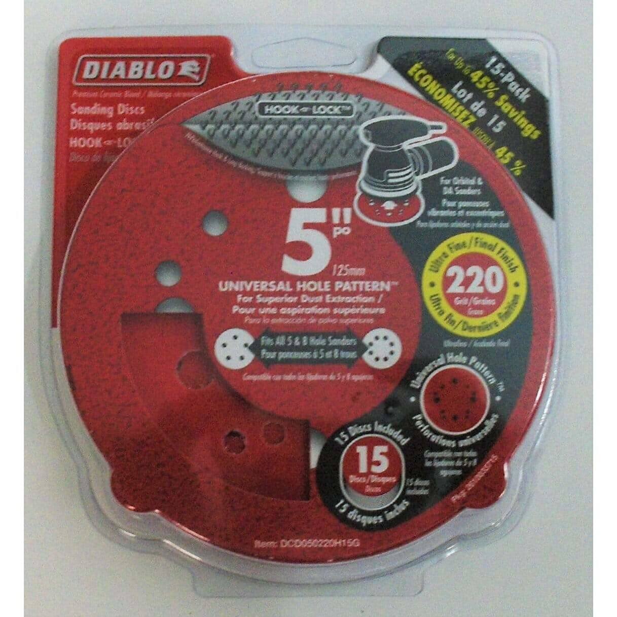 Diablo DCD050220H15G 220 grit sanding discs, 5-inch with universal hole pattern (15-pack), ideal for fine sanding on surfaces.