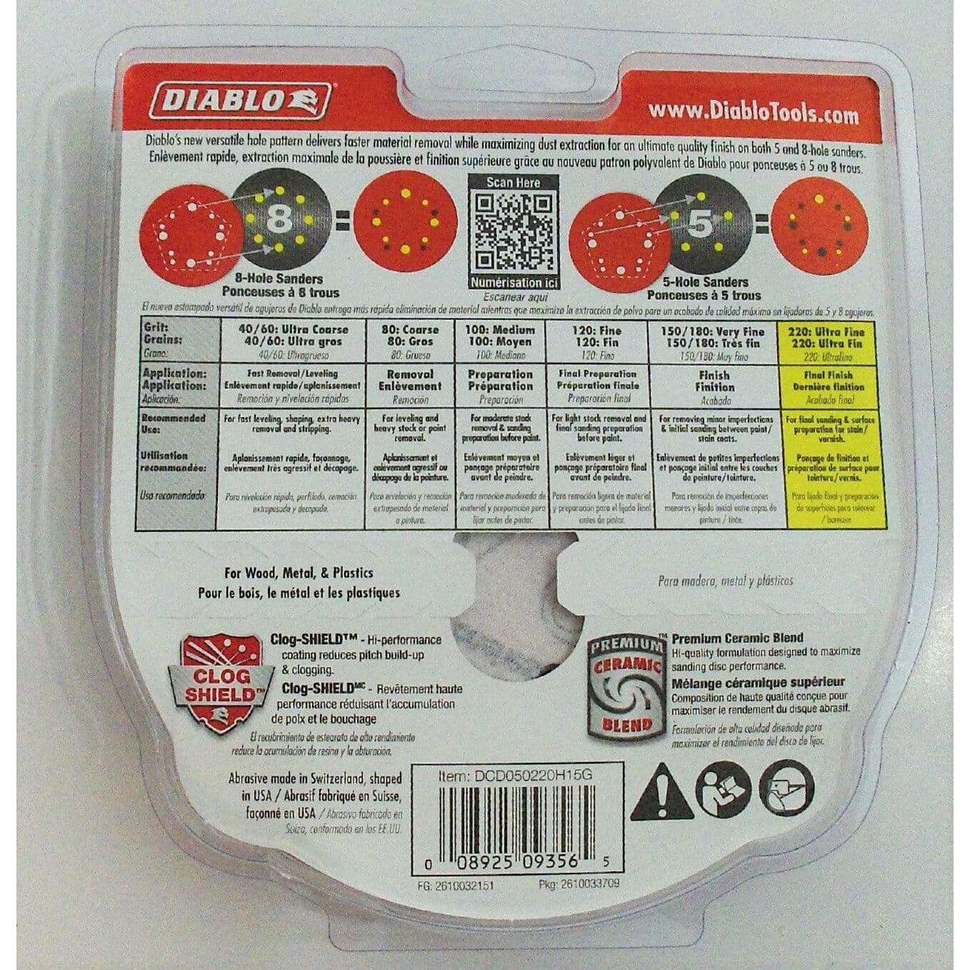 Diablo DCD050220H15G 220 grit sanding discs, 5-inch with universal hole pattern (15-pack), ideal for fine sanding on surfaces.