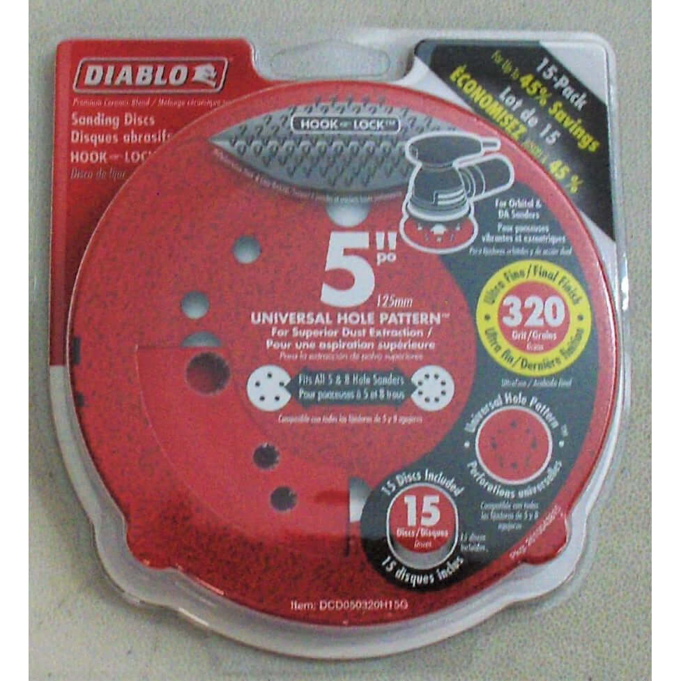 Diablo DCD050320H15G 5-inch 320 grit sanding discs (15-pack), designed for ultra-fine sanding on wood, metal, and plastics.