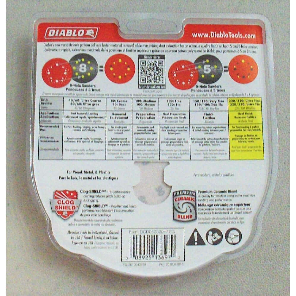 Diablo DCD050320H15G 5-inch 320 grit sanding discs (15-pack), designed for ultra-fine sanding on wood, metal, and plastics.