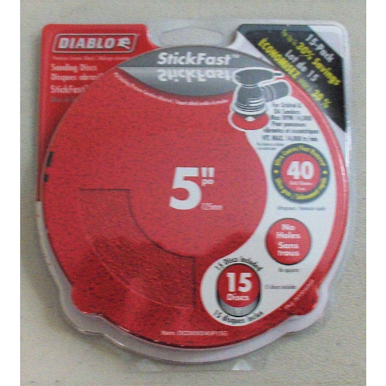 Diablo 5-inch sanding discs 40 grit (15-pack) for heavy material removal. Ideal for rough sanding on wood, metal, and fiberglass surfaces.