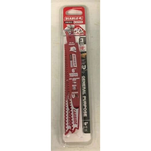 Diablo 6-inch Demo Demon general-purpose carbide reciprocating saw blade, 3-pack, designed for fast, efficient cutting in various materials.