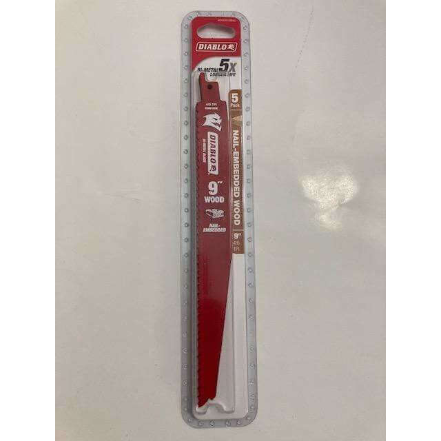 Diablo 9-inch bi-metal reciprocating blade (5 pack) for cutting nail-embedded wood. Durable, high-performance, ideal for demolition tasks.