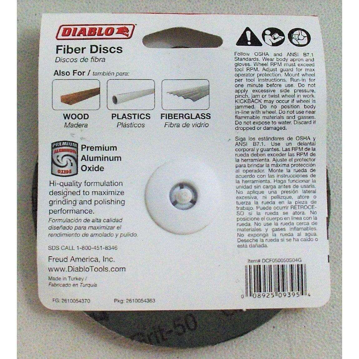 Diablo 5-inch fiber discs, 50 grit, 4-pack, ideal for sanding and finishing, durable and designed for fast material removal.
