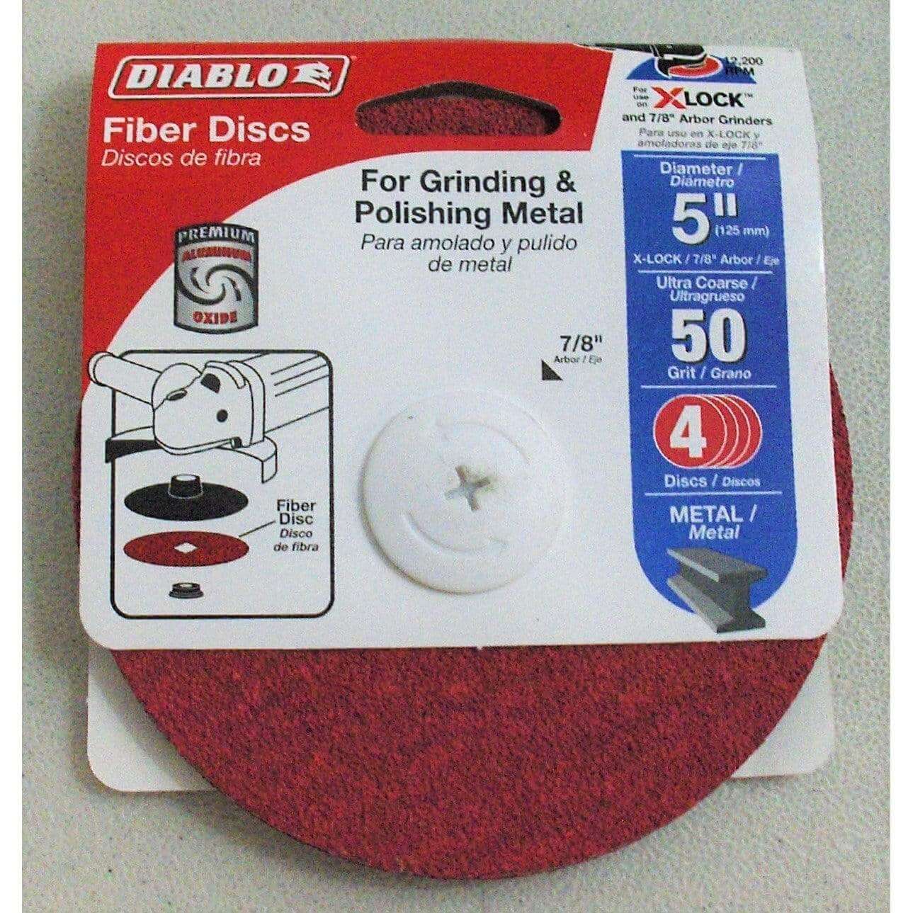 Diablo 5-inch fiber discs, 50 grit, 4-pack, ideal for sanding and finishing, durable and designed for fast material removal.