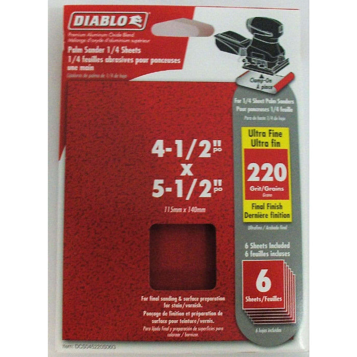 Diablo Palm Sander 1/4 Sheets 220 Grit 4-1/2" x 5-1/2" (6-Pack)