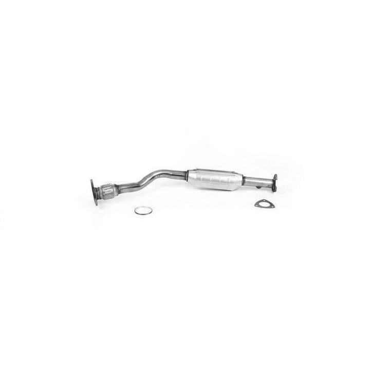 Maremont direct fit exhaust converter with curved pipe design and two metal gasket rings, suitable for automotive emission control and exhaust system replacement.