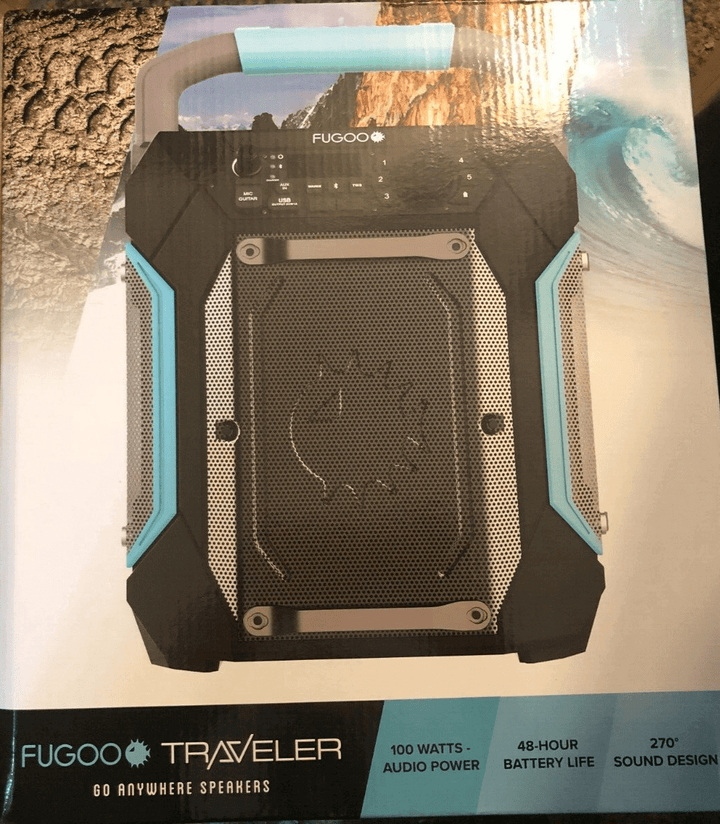 Fugoo Traveler Portable Indoor/Outdoor Bluetooth Speaker 100W, 7-Inch Sub, 48 Hour Playtime | 270 Degree Audio | IPX4 Water Resistant | Use as PA System – Mic/Guitar Input & USB Port
