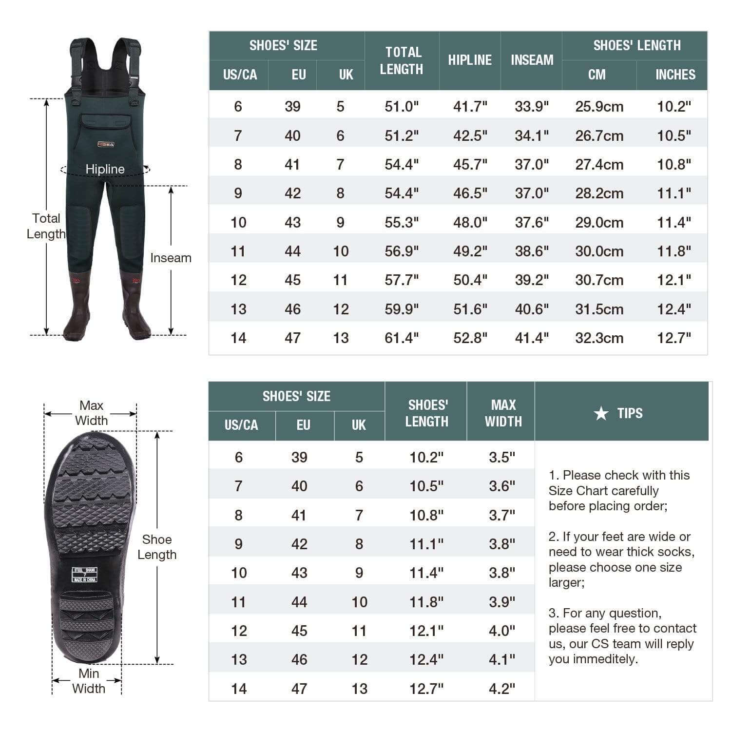 Hisea Fishing Chest Waders Boot Size Green US 7 EU 40