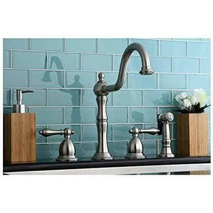 Kingston Brass Heritage KS1758ALBS kitchen faucet with brass sprayer, classic design, durable brass build, and dual cross handles.