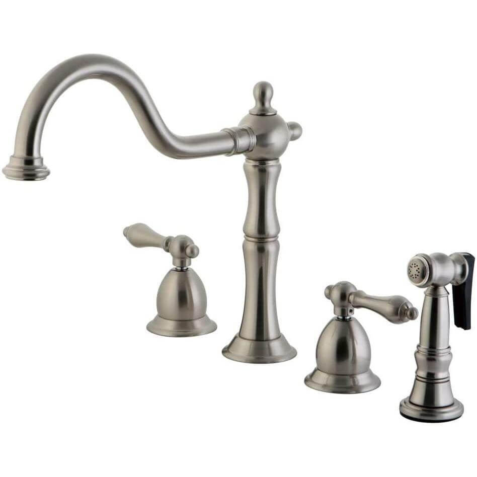 Kingston Brass Heritage KS1758ALBS kitchen faucet with brass sprayer, classic design, durable brass build, and dual cross handles.