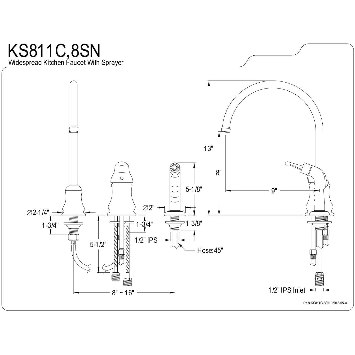 Kingston Brass KS811C Wyndham 9" widespread kitchen faucet in chrome, loop handles, side sprayer, and a sleek, durable design.