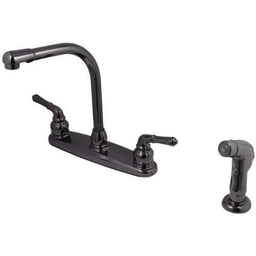 Kingston Brass Water Onyx 8-inch centerset kitchen faucet, sleek black finish, lever handle, and durable brass construction.