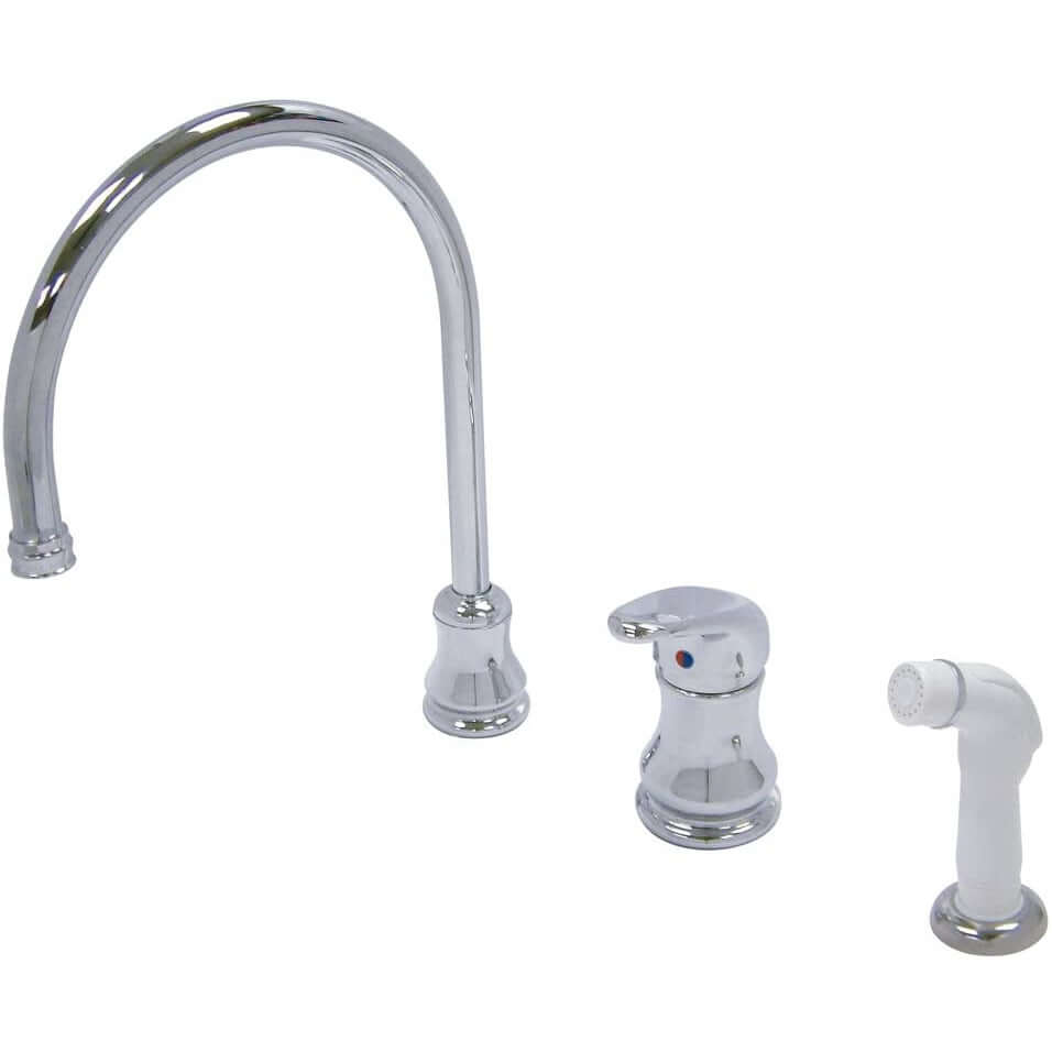 Kingston Brass Wyndham kitchen faucet with single loop handle, white sprayer, durable brass construction, and a sleek design.