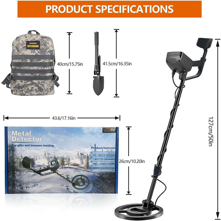 Metal Detector, Adjustable Metal Finder 24"-45" with 3 Audio Tone & DISC Modes & Pinpoint for Adults and Kids, Detecting Coin,Treasures Hunting MT01