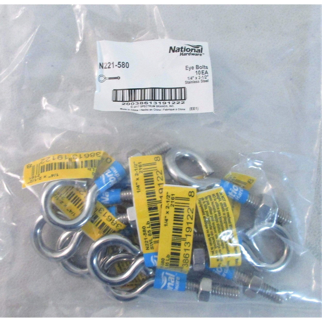 National Hardware N221-580 Eye Bolts 1/4" x 2-1/2" Stainless Steel (10-Pack)
