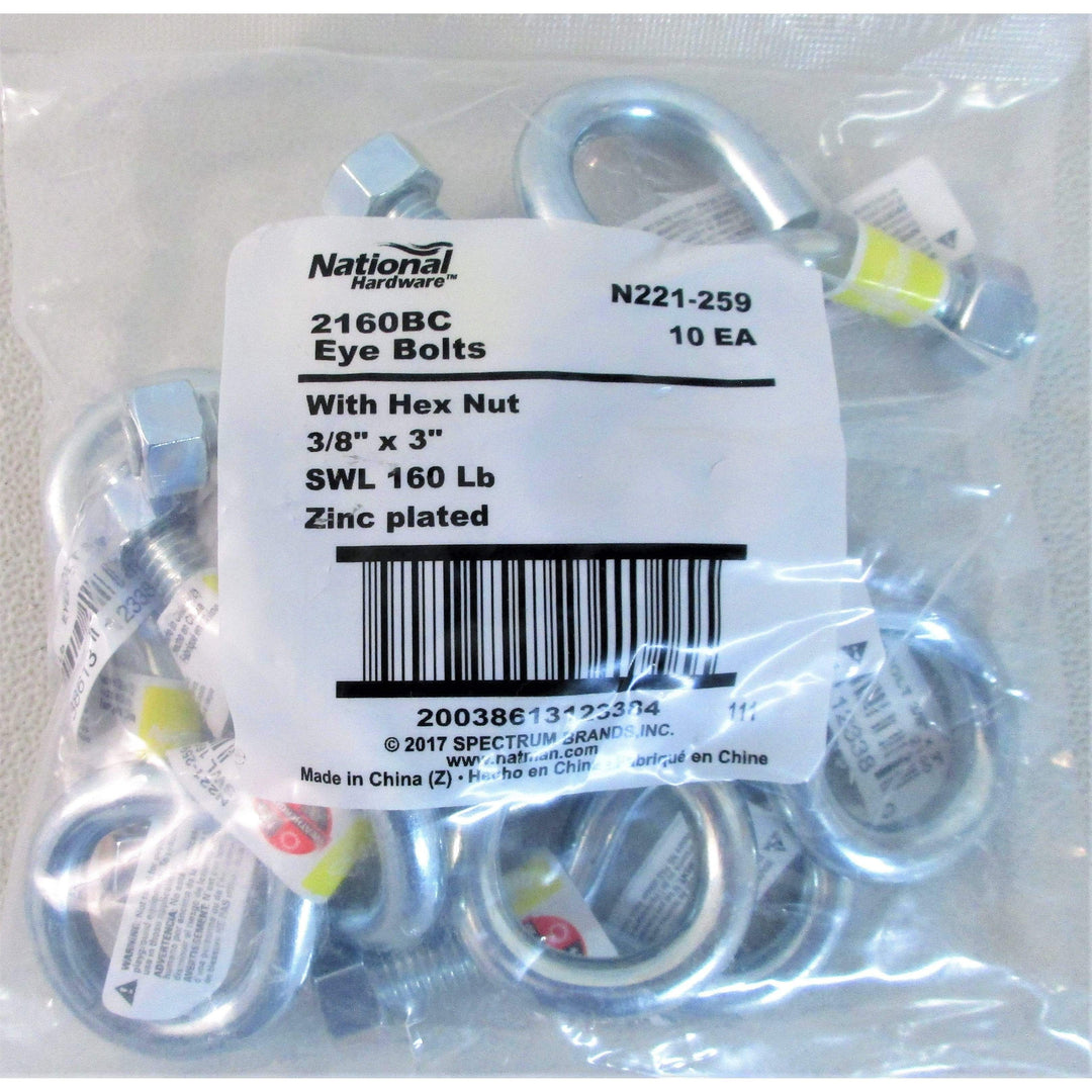 National Hardware N221-259 Eye Bolts with Hex Nut 3/8" x 3" (10-Pack)