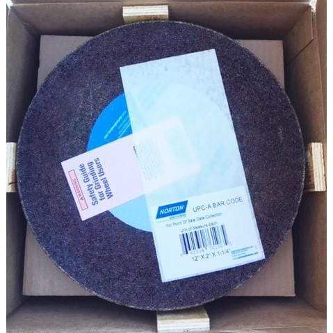 Norton Saint-Gobain Blue Fire 12" x 2" x 1-1/4" grinding wheel, model 66253476196, designed for fast cutting with longer wheel life.