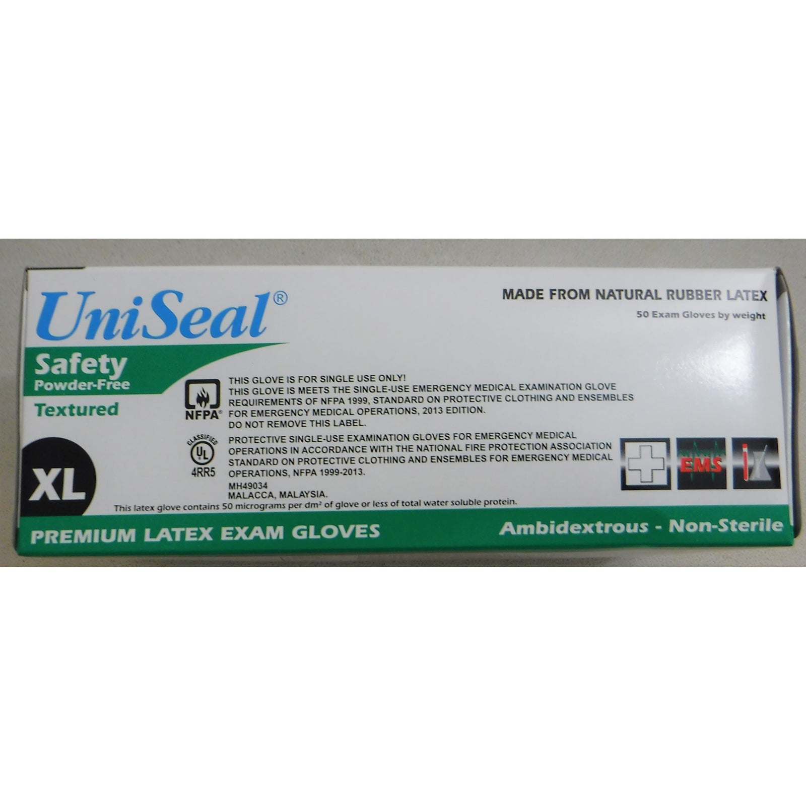 Powder Free Textured Latex Exam Gloves UniSeal, XL (50/Box)