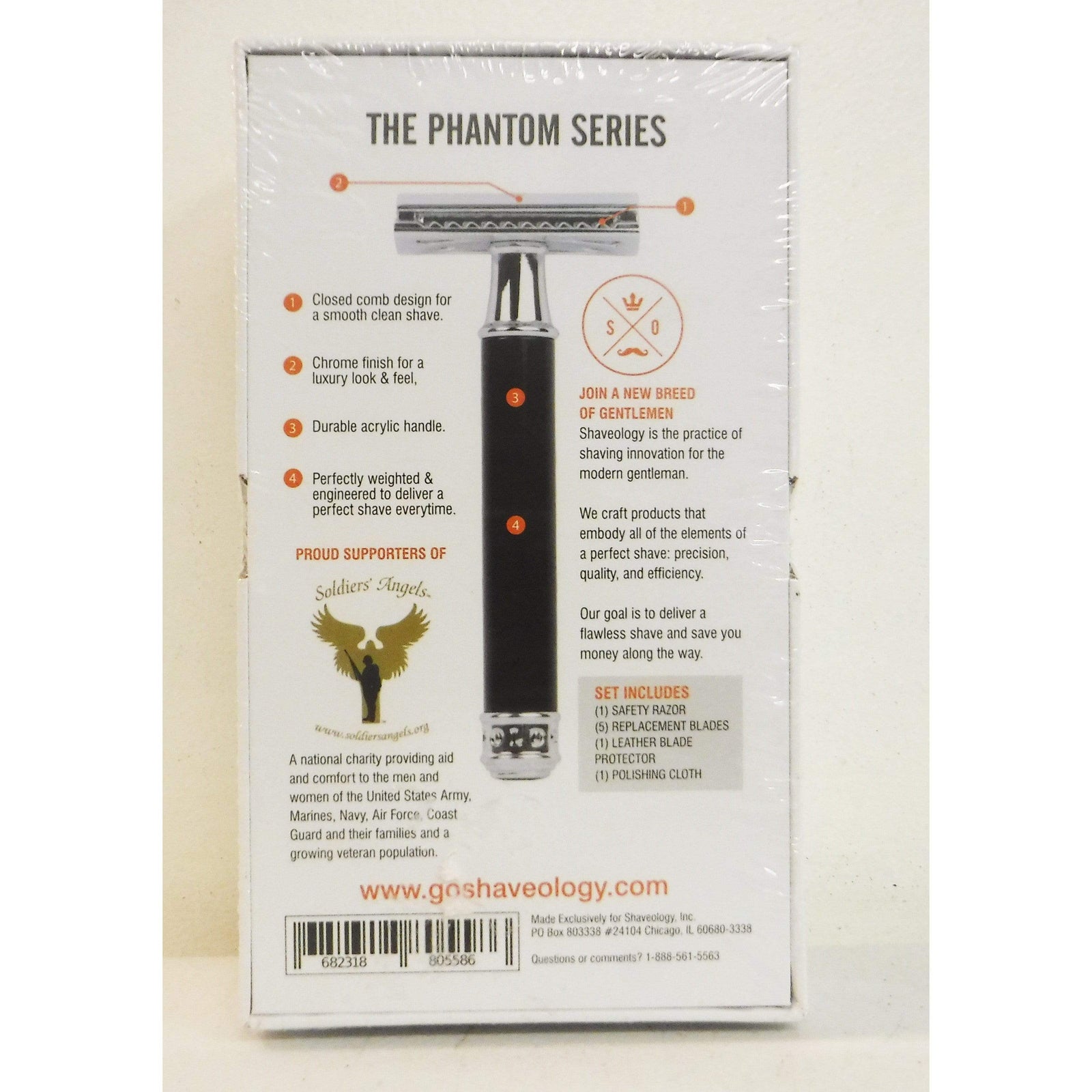 Shaveology Phantom Series Luxury Double-Edged Safety Razor for Men with chrome finish and accessories.