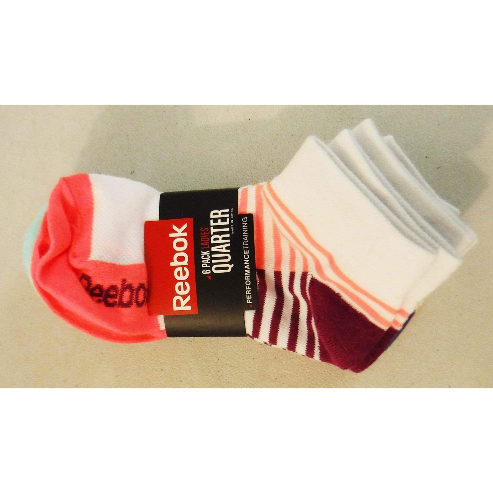 6-Pack Women's White Quarter Performance Socks with Color Stripes and Ribbed Cuffs