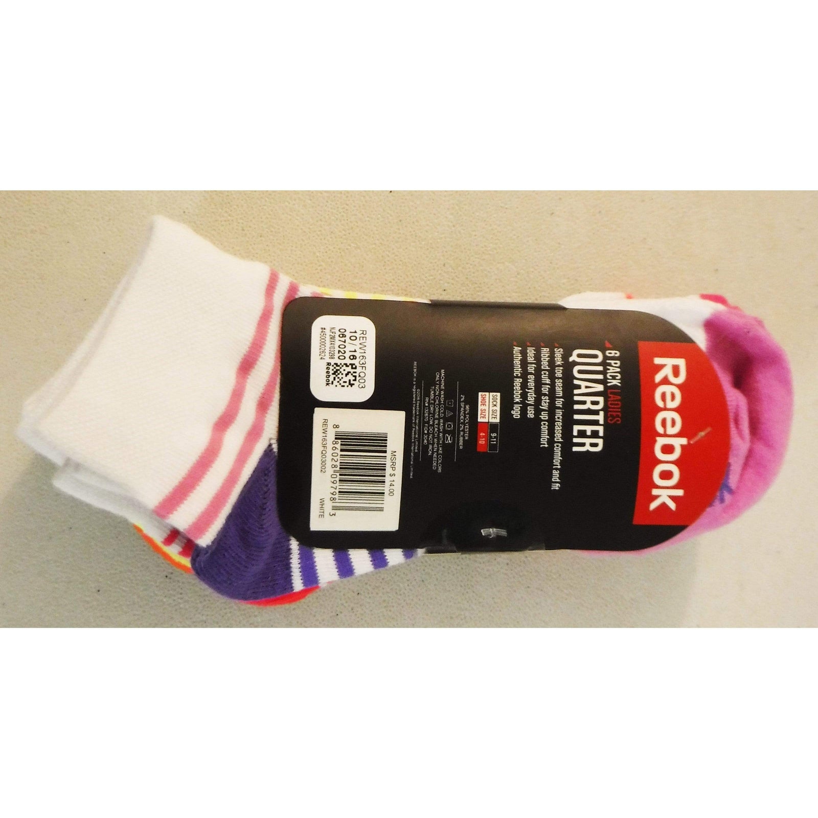 6-Pack Women's White Quarter Performance Socks with Color Stripes and Ribbed Cuffs
